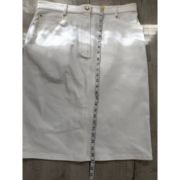 St. John Women Size 14 White Denim Midi Skirt With Gold Button Detail NEW $495 - Picture 4 of 5
